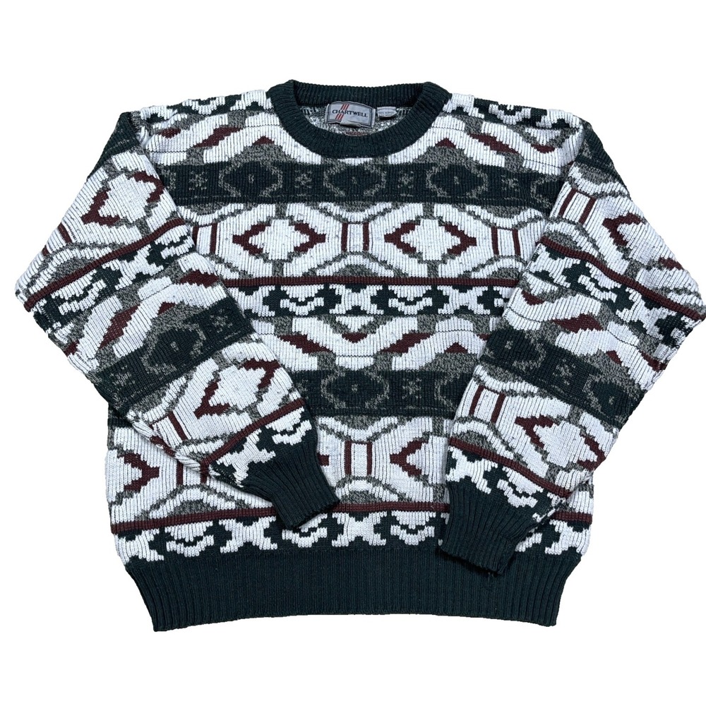 Vintage Grandpa Sweater Men Large Green White Geometric Knit Golf 90s Cosby